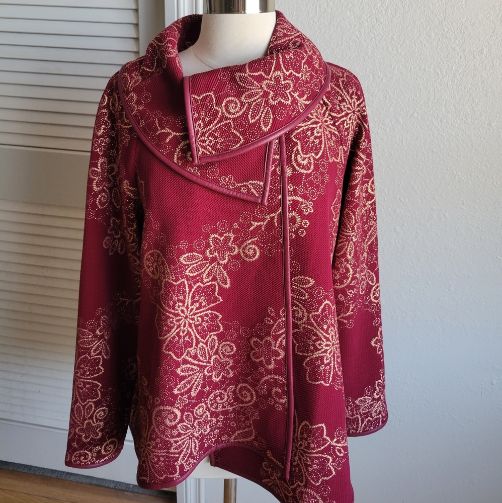 Susan Graver Burgundy Floral Jacquard Jacket with Cream Pattern